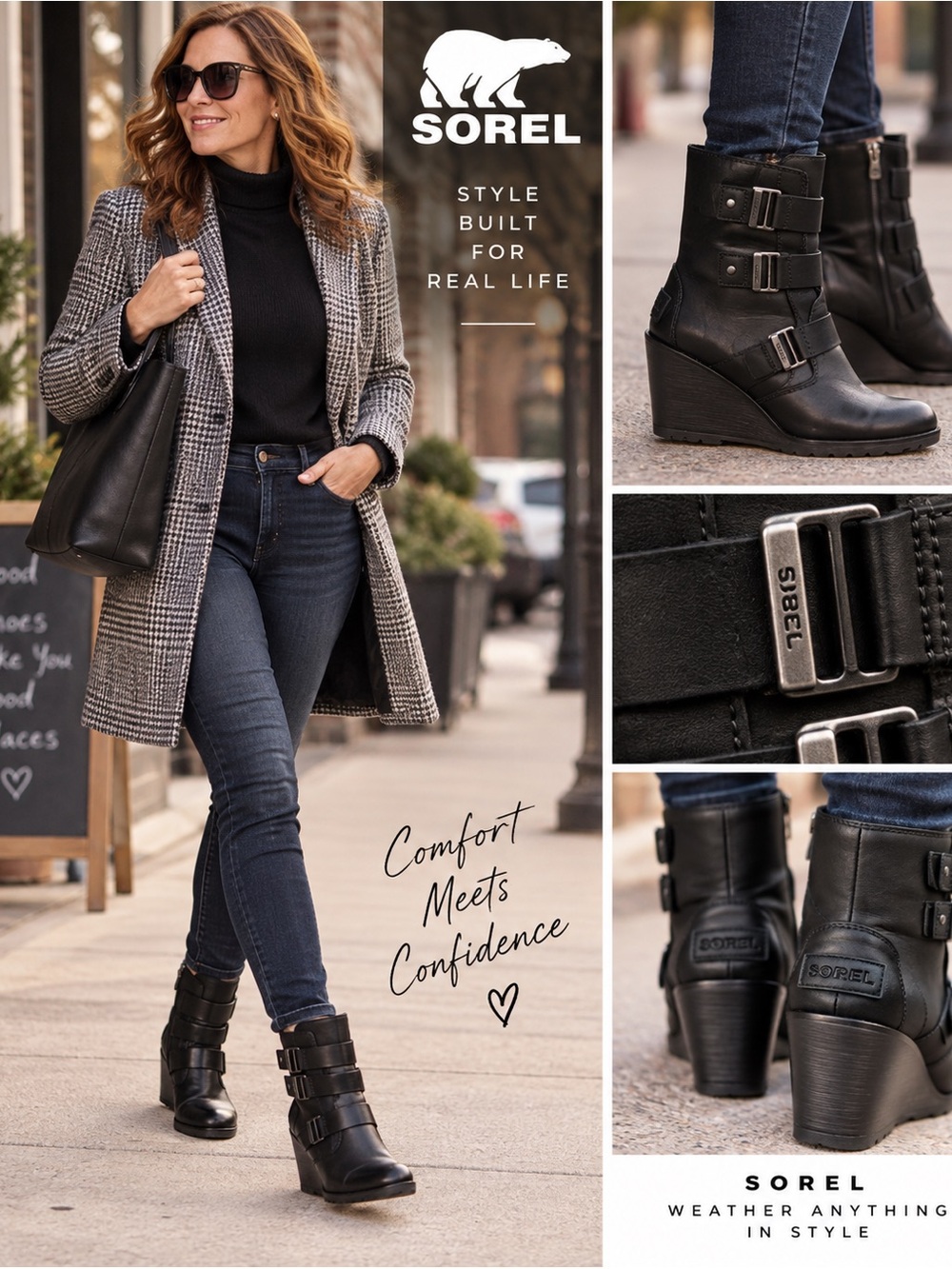SOREL Black Leather Wedge Ankle Boots with Buckle Straps